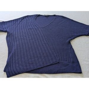 LAFAYETTE 148 NEW YORK Blue Rib‎ Knit V-Neck Sweater Size Large Asymmetrical Hem